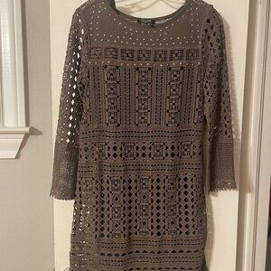 Nic+Zoe Crochet Taupe Long Sleeve Dress Brown Size PP Double Petite